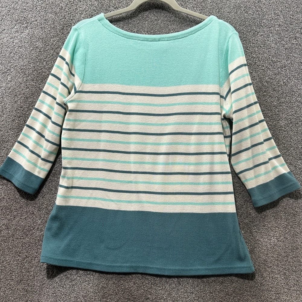 LL Bean French Sailor Shirt Large Green Striped Boatneck Nautical 3/4 Sleeve